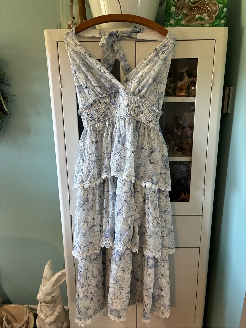Petal & Pup sz L Casey Halterneck Midi Dress Light Blue Floral Tiered NWT